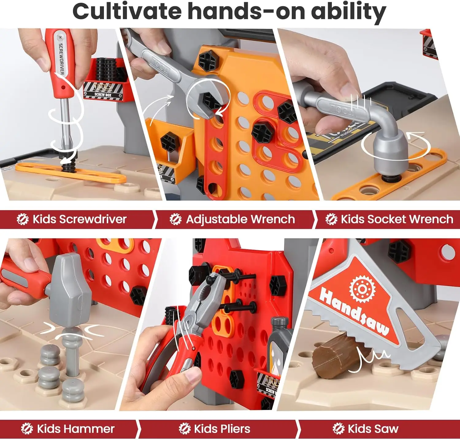 Large 2-in-1 Kids Tool Bench Set with Saw Screw Miter Pretend Play Construction Workbench Toys Education Toy for Boys & Girls 4