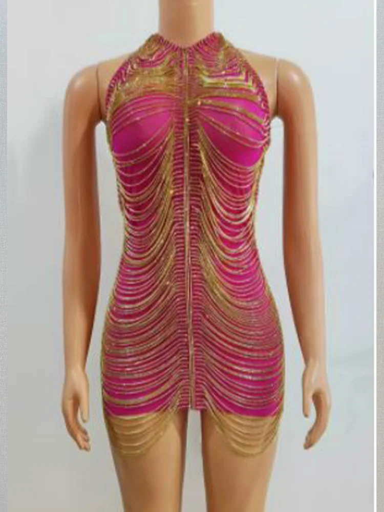 

High Quality Elastic Diamond Chain Tassel Hanging Neck And Buttocks Wrapped Dress 2023 New Fashionable Women'S Clothing