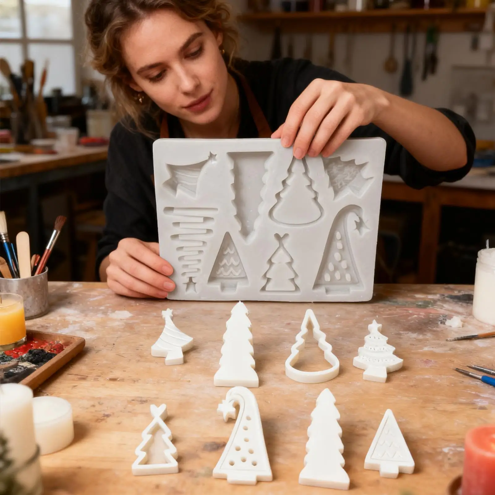 Christmas Tree Candle Mold 8-Grid Heat Resistant Festive Silicone Crafts Tool Christmas Tree Candle Resin Molds For Festival