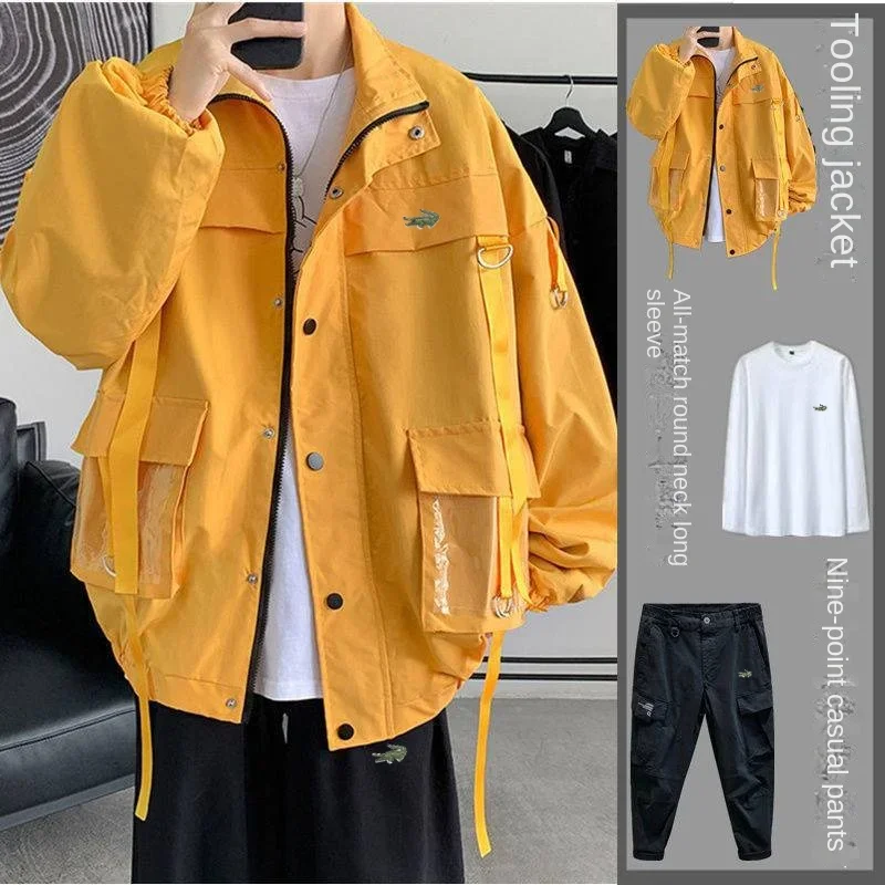 Spring jacket set, men's Hong Kong style casual with youth trend, handsome three-piece suit, men's full set, a complete set