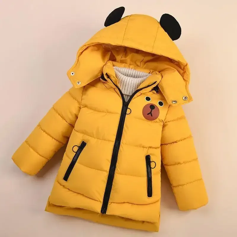 

Winter New Baby Boys Jacket Solid Color Cartoon Bear Pattern Thicken Keep Warm Hooded Outwear For 1-6Y Kids Down Cotton Overcoat