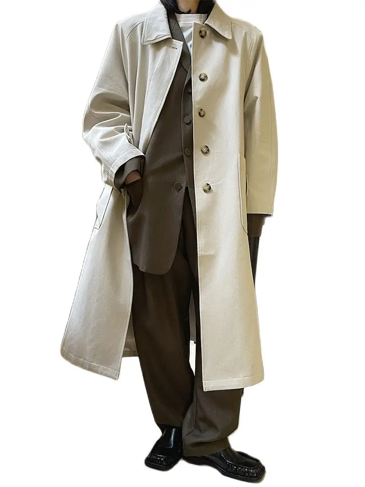 Y2K2024 Women'S Spring And Autumn Season New Minimalist Silhouette Lapel Tie Waist Trench Loose Fitting Long Casual Coat