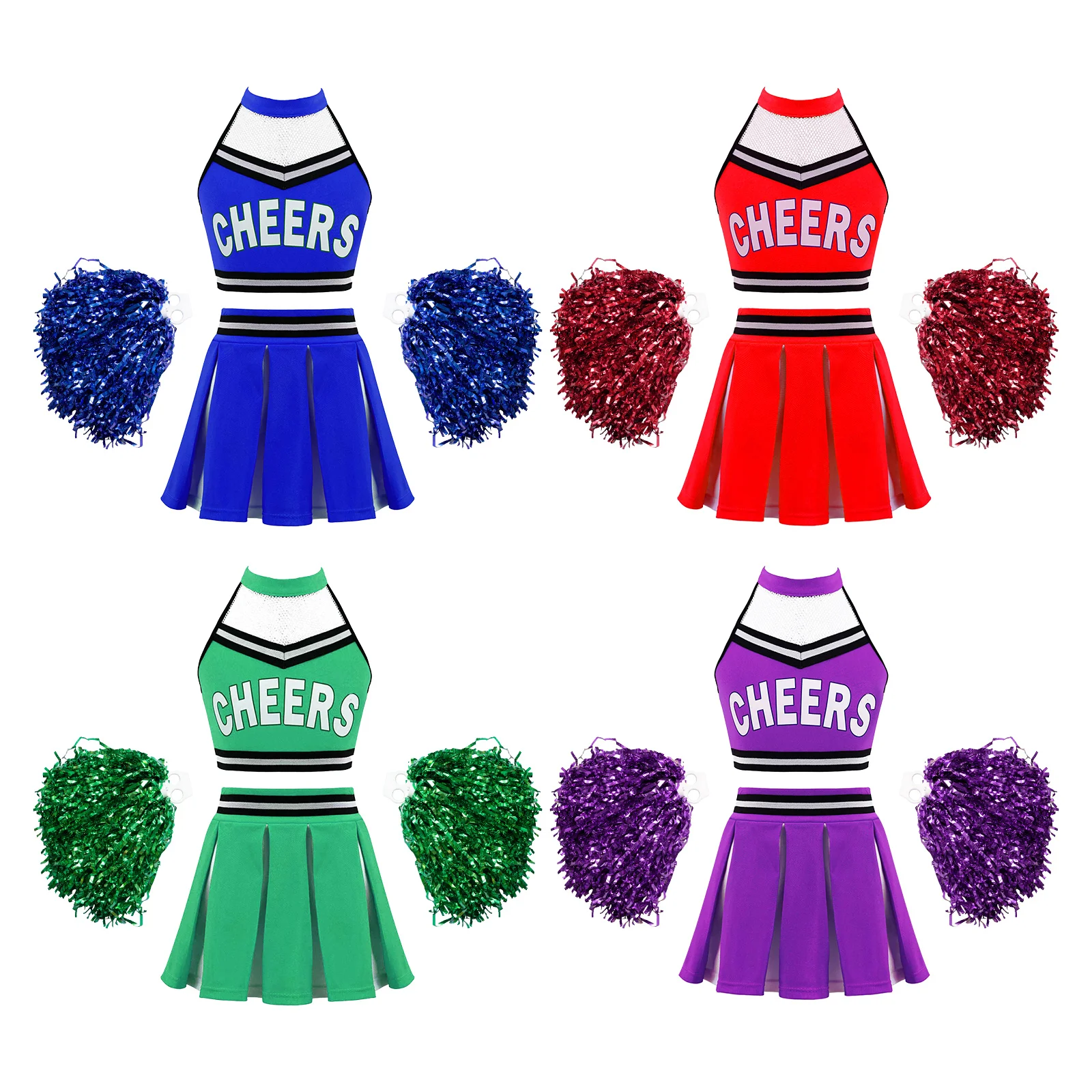 Kids Girls Cheerleader Costume Dancewear Crop Top Pleated Skirt Flower Ball Cheerlead Uniforms Set for Dancing Competition
