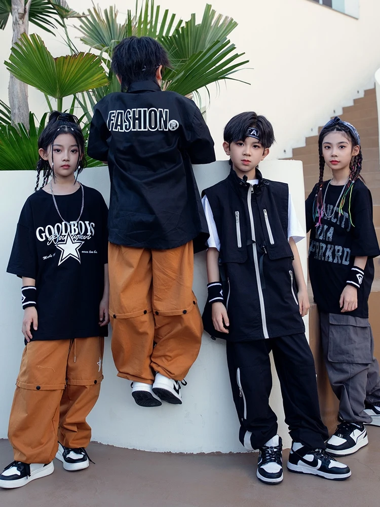 

Teen Kids Jazz Dance Clothes Boys Black T Shirt Khaki Pants Girls Hip Hop Performance Costume Modern Dance Practice Wear BL12329