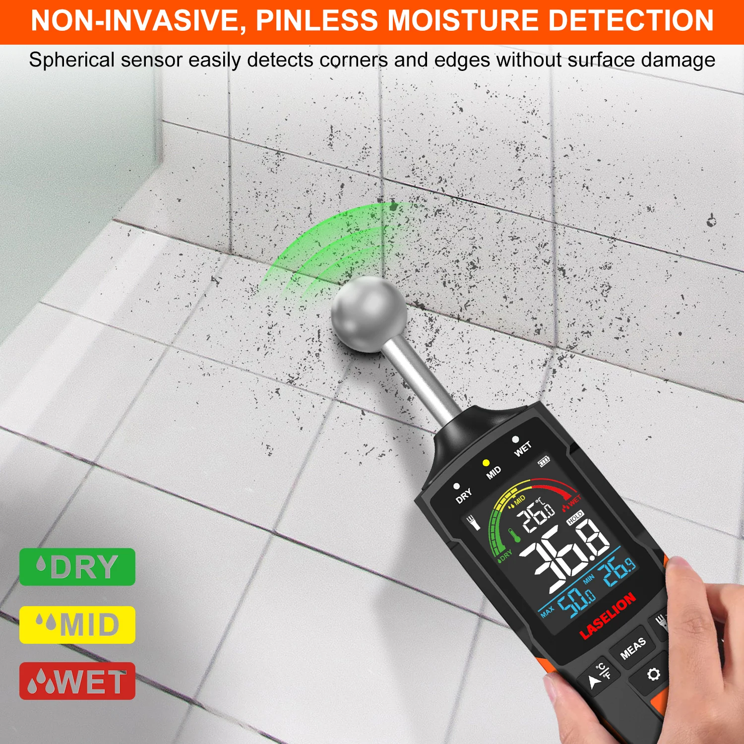 Inductive Timber Damp Detector Full Angle Pinless Wall Material Wood Moisture Meter for Drywall Humidity Hygrometer Laselion wood moisture meter