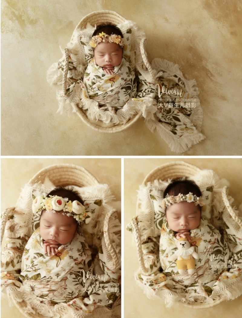 

Dvotinst Newborn Photography Props Baby Posing Basket Vintage Florals Headband Wrap Pillow Theme Set Studio Shooting Photo Props