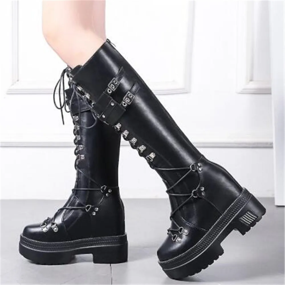 

Autumn Rivet Buckle Knee High Boots Women Punk Gothic Platform Boots Lady Metal Lace Up Chunky Military Boots Hidden Heel Shoes