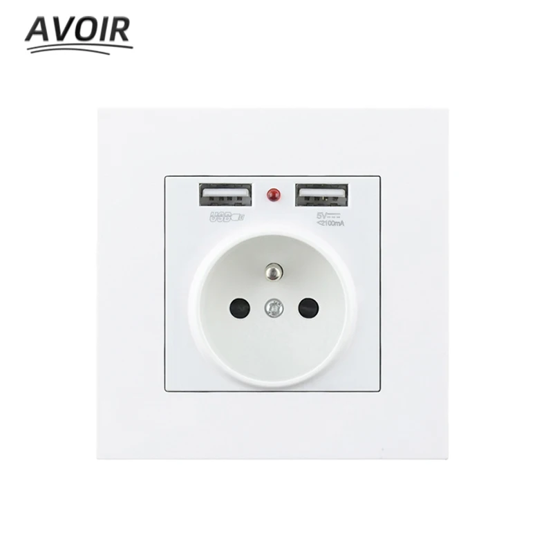 Description Picture 2 of itemAvoir Wall Power Electric Socket FR French Standard With Double Usb 2A White Black Gold Gray Plastic Panel Electric Outlets 220V