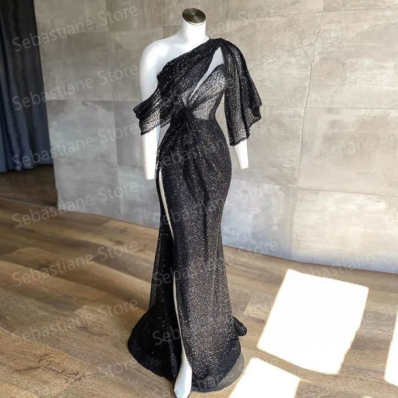 Black Sexy Glitter Elegant Mermaid Prom Dresses One Shoulder Long Sleeves Split Sequins WomenEvening Pageant Gowns Custom Made pink prom dress