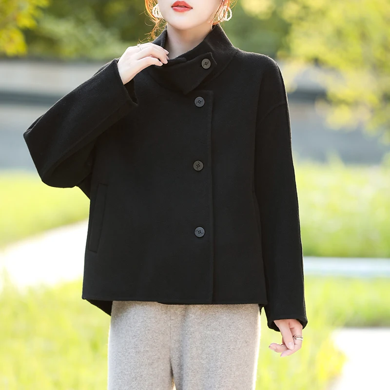 Women's Short Coat Pure Wool Autumn-Winter Warm Thickening Top Solid Color Cute Comfortable Outerwear Coat