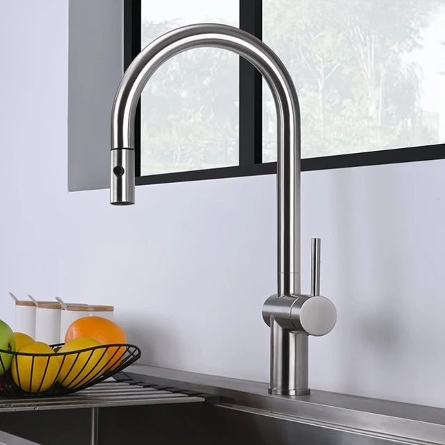 ก๊อกน้ำห้องครัวสีโรสโกลด์ขัดเงา สแตนเลส 304 แบบดึงออกได้ พร้อมหัวฉีดน้ำร้อนน้ำเย็น 4