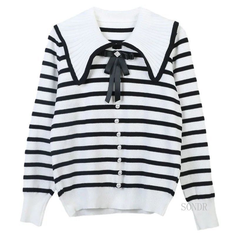 

Полосатый свитер с бантом и кукольным воротником, сезон осень-зима 2023, Женский пуловер с воротником Питер Пэн, вязаная рубашка с длинным рукавом, модные корейские Топы