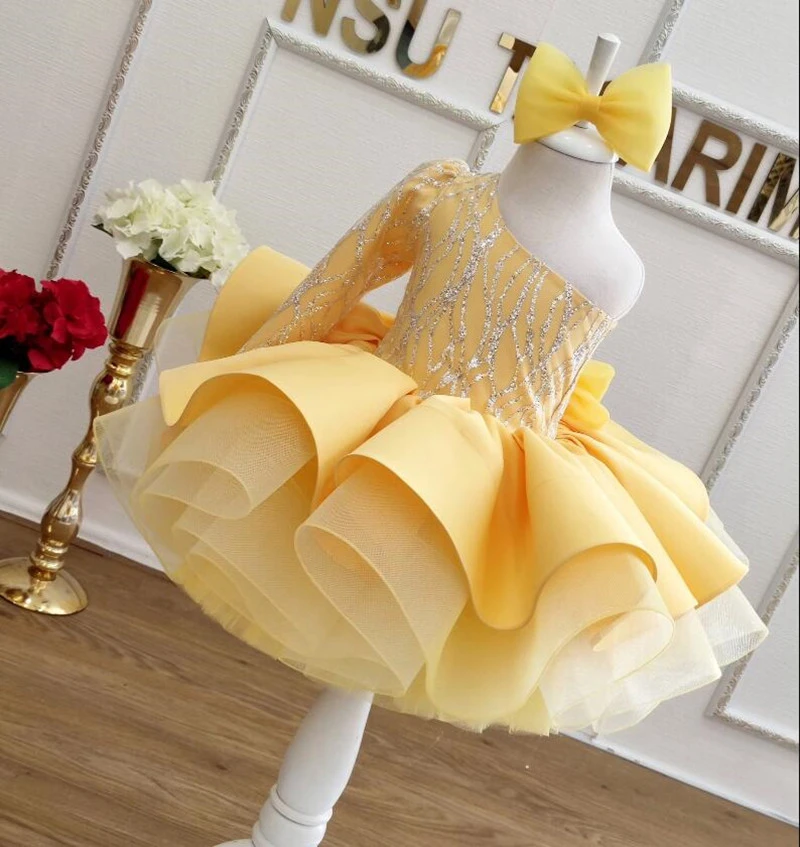 Glitter Sequin Flower Girl Dress Yellow Satin Organza Princess Puffy