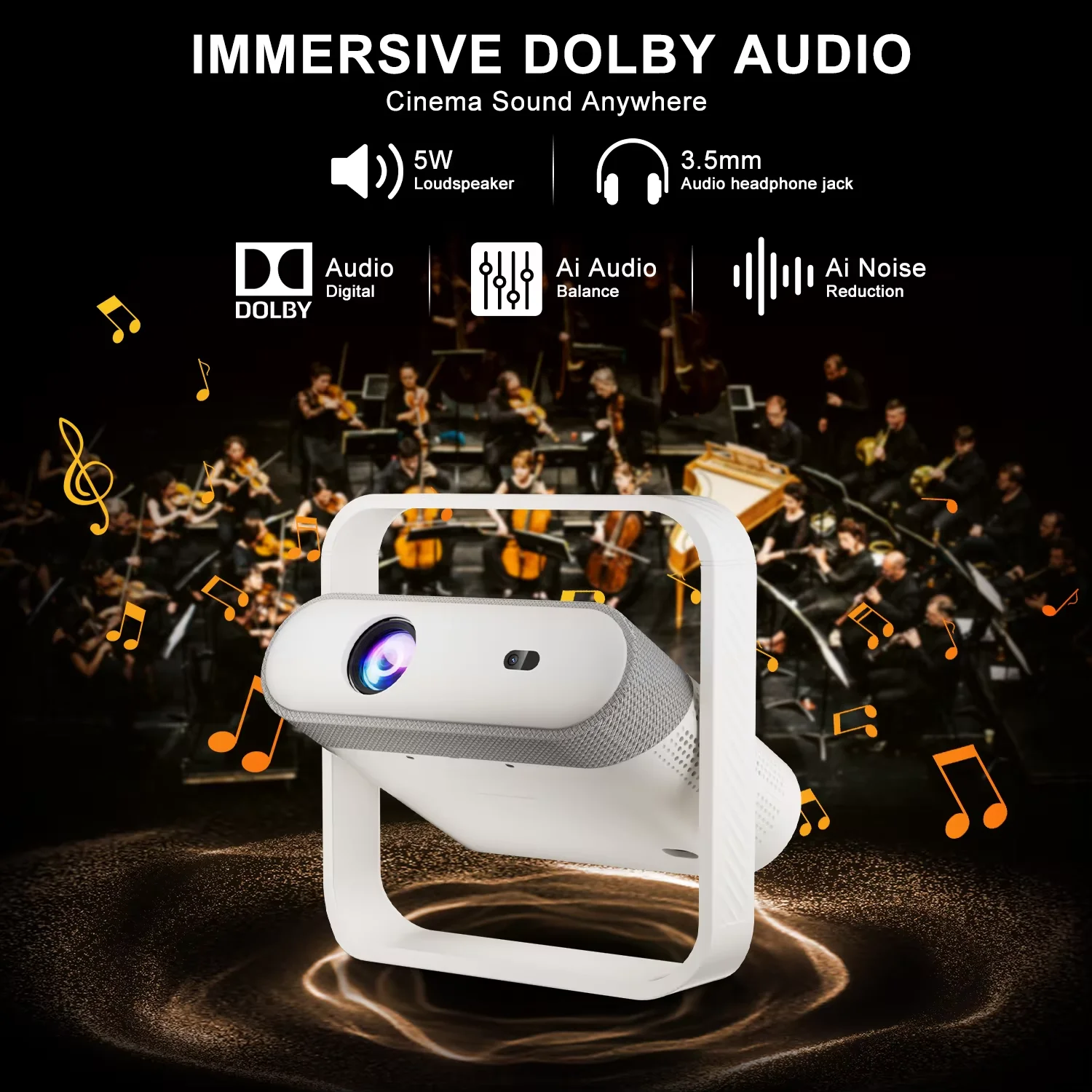 카이아쿠아 스마트 프로젝터 네이티브 1080P 안드로이드 오토 포커스 BT5.4 WIFI6 70mm RGB 앰비언트 라이트 하이파이 스피커 휴대용 홈 시네마