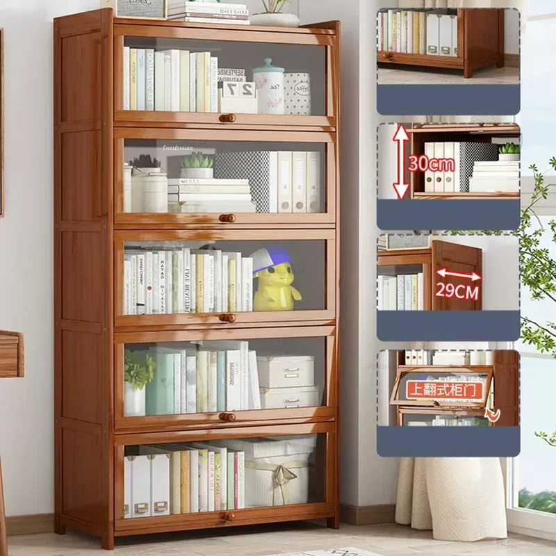 Simple Retro Bookshelf with Door Japanese Bamboo Bookcases Modern Home Furniture Office Desk Organizer Multi-layer Storage Shelf