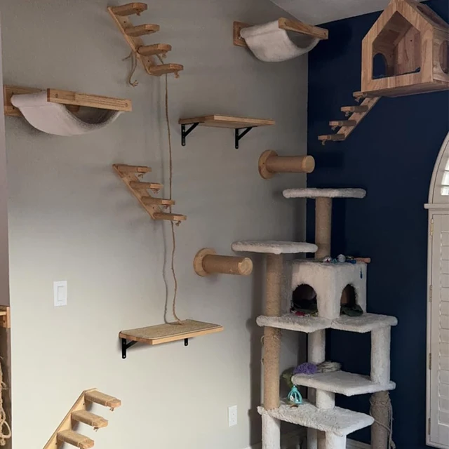 Wall Mounted Cat Wall Furniture Wooden Cat Shelves Climbing Steps & Hanging Hammock Cat Wall Perch for Indoor Cats Scratching 6