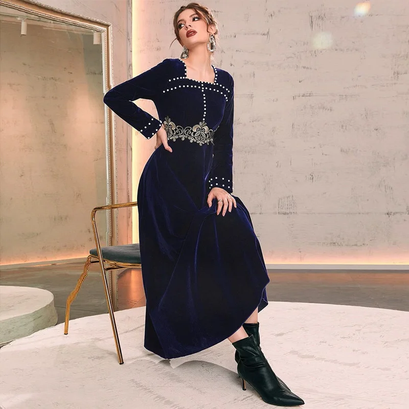 Moroccan Dress Kaftan For Wedding 2023 Autumn Winter Turkish Dubai Women's Elegant Square Neck Beaded Dress Women Clothing