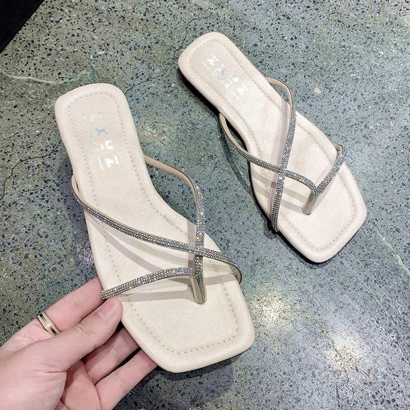 

Crystal Flats Slippers Women Rome Luxury Shoes Summer 2024 Dress Slingback Sandals Clip Toe Beach Flip Flops Brand Female Slides