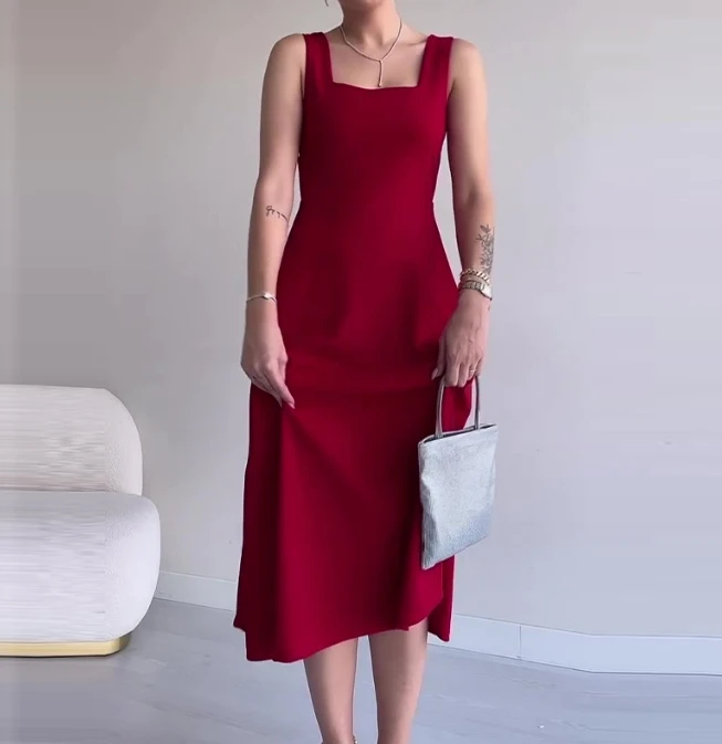 

Женское приталенное платье на бретельках, повседневное винно-красное платье с высокой талией и квадратным вырезом, весна-лето 2023