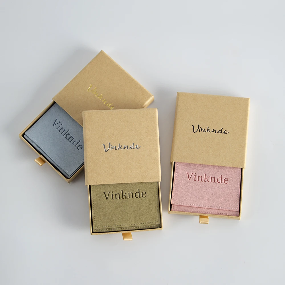 100Pcs Custom Logo Jewelry Packaging Small Envelope Flap Microfiber Jewelry Pouch and 100pcs Kraft Drawer Print Logo Paper Box