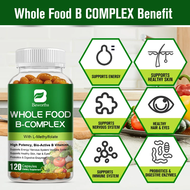 BEWORTHS Vitamin B Complex Capsules B1,B2,B3,B5,B6,B7,B12 Whole Food Supplement for Stress, Energy and Immune Support Non-GMO 1