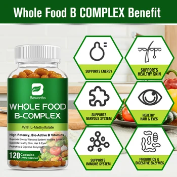 BEWORTHS Vitamin B Complex Capsules B1,B2,B3,B5,B6,B7,B12 Whole Food Supplement for Stress, Energy and Immune Support Non-GMO 1