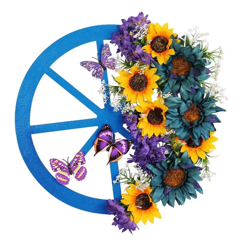 

Spring Wreath Round Natural Rattan Wreath Wheel Garland Door Wreath with Sunflowers Butterflies for Outdoor Home Decoration