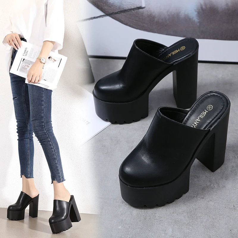 14CM Women Platform Slip On High Heels Mules shoes punk