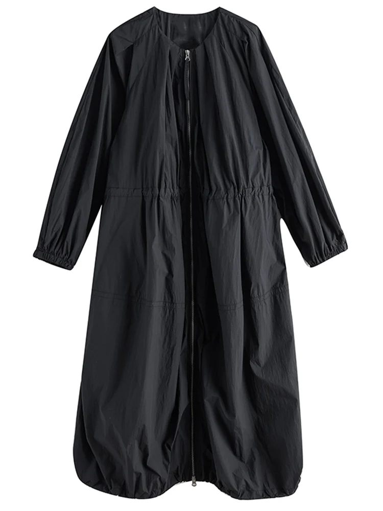 Blue Oversized Zipper Long Trench Coat For Women New Pleated Casual Loose Vintage Outerwear Cardigan Spring Autumn 2025