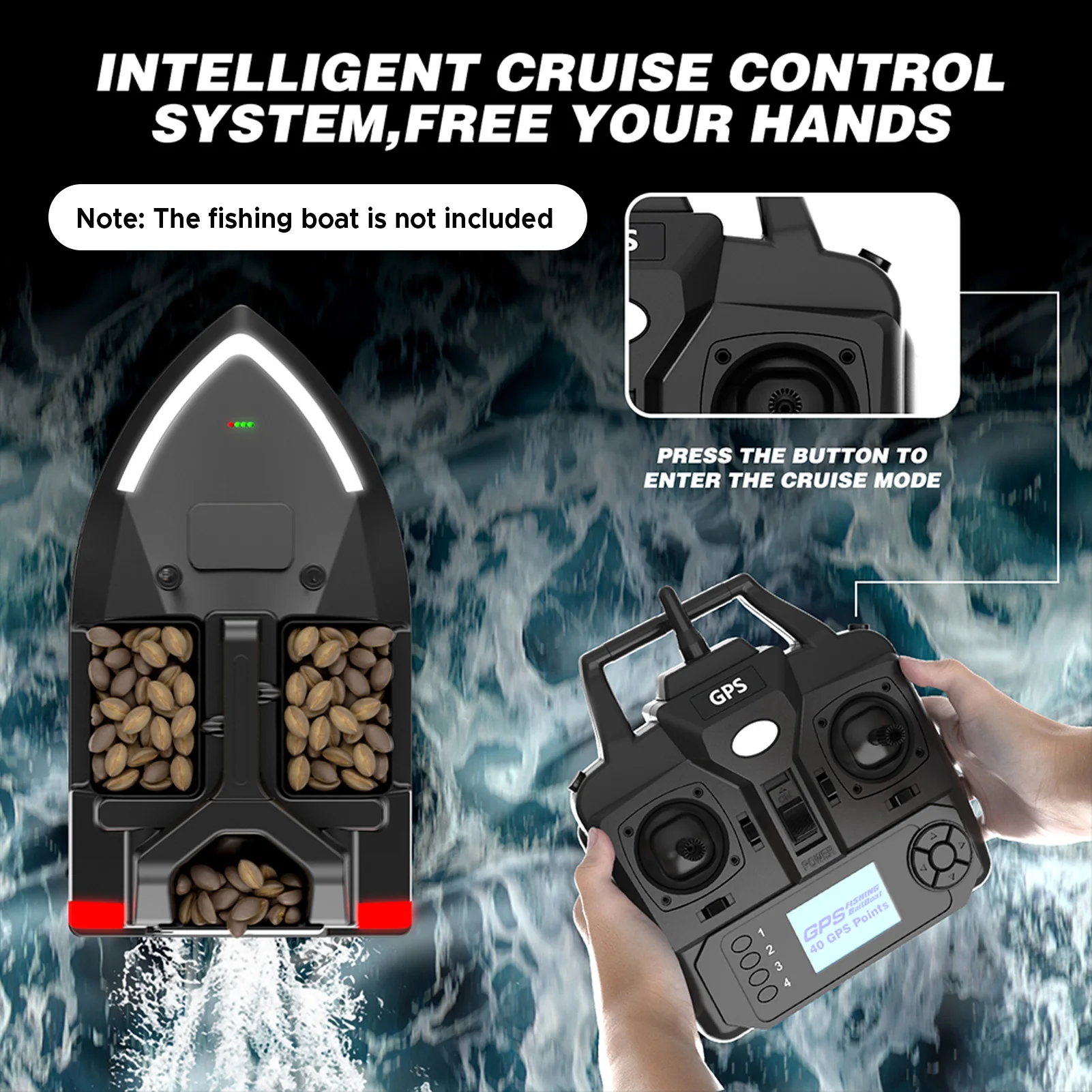 Télécommande pour bateau de pêche RC V020 posée sur un pont de bateau, avec portée de 500m