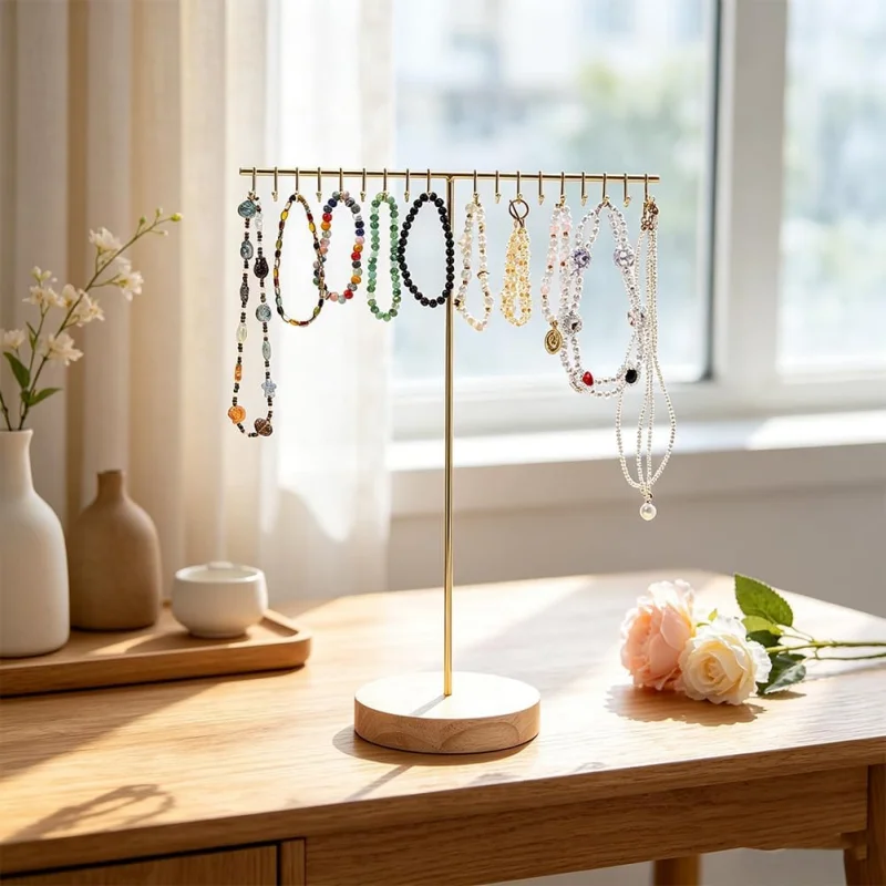 Jewelry Stand Holder Organizer Metal Jewelry Display Hanger with Wooden Base Tall Necklace Organizer Rack Aesthetic Storage