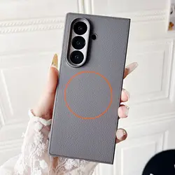 Minimalist Leather Foldable Phone Case with Magnetic Wireless Charging and Fine Ring Design - Galaxy Z Fold7 (GRAY)