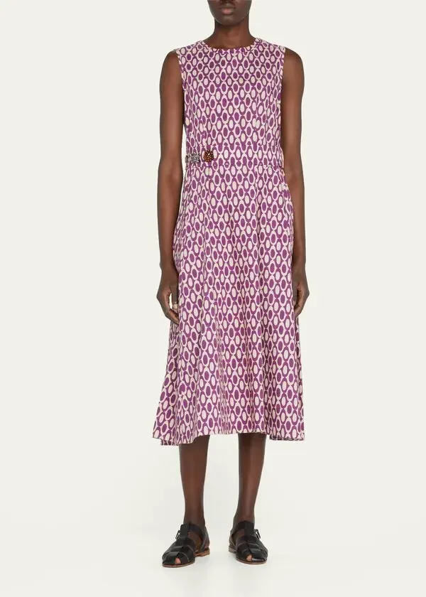 

Purple Printed Dress 2024 New Sleeveless Beaded Belt A-Line Large Hem Temperament Slim Long Dress