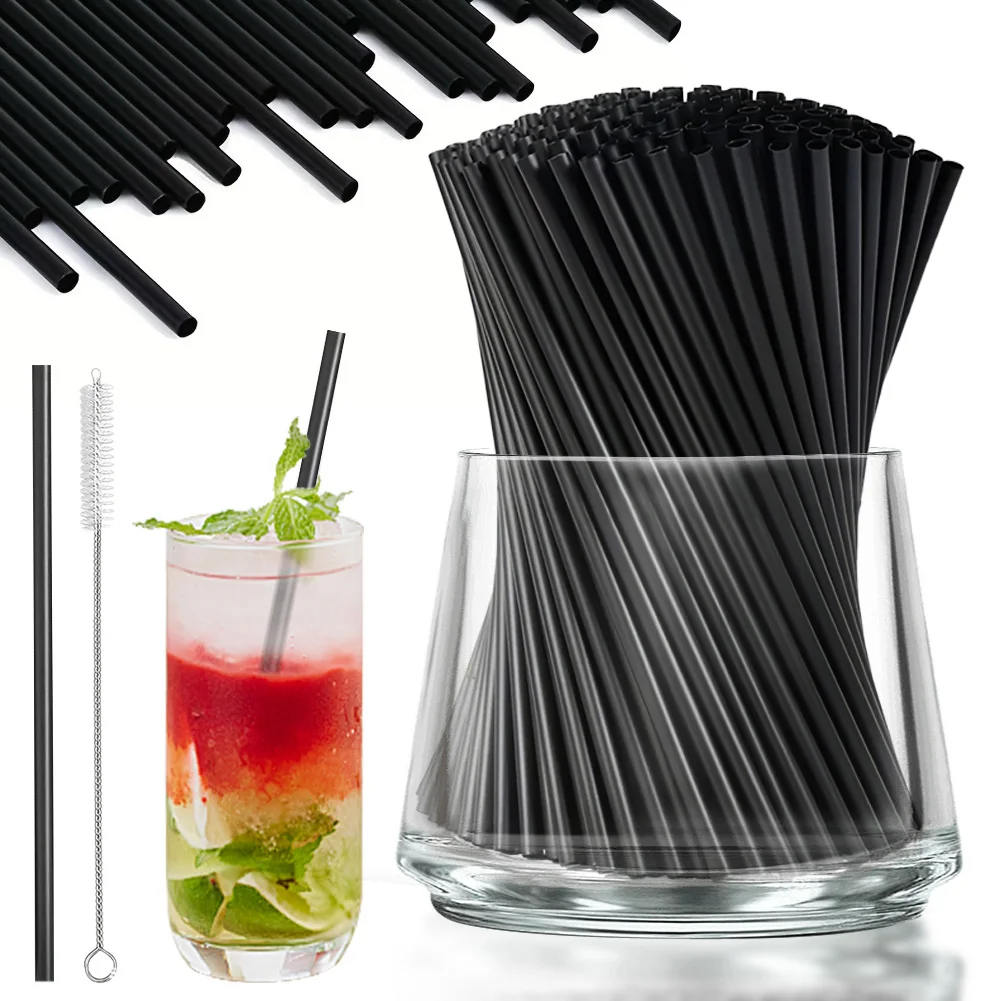 100Pcs Black Thin Straw W/ Straw Brush Beverage Drink Tube Flexible Plastic Straw Milkshake Straws Wedding Party Supplies Straw