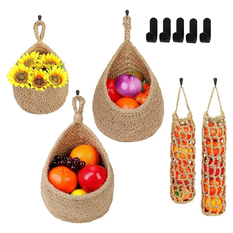 

5 Piece Hanging Kitchen Storage Basket Set Jute Rope Wall Hanging Fruit Baskets Pantry Organizer Vegetable Keeper With 5 Hooks