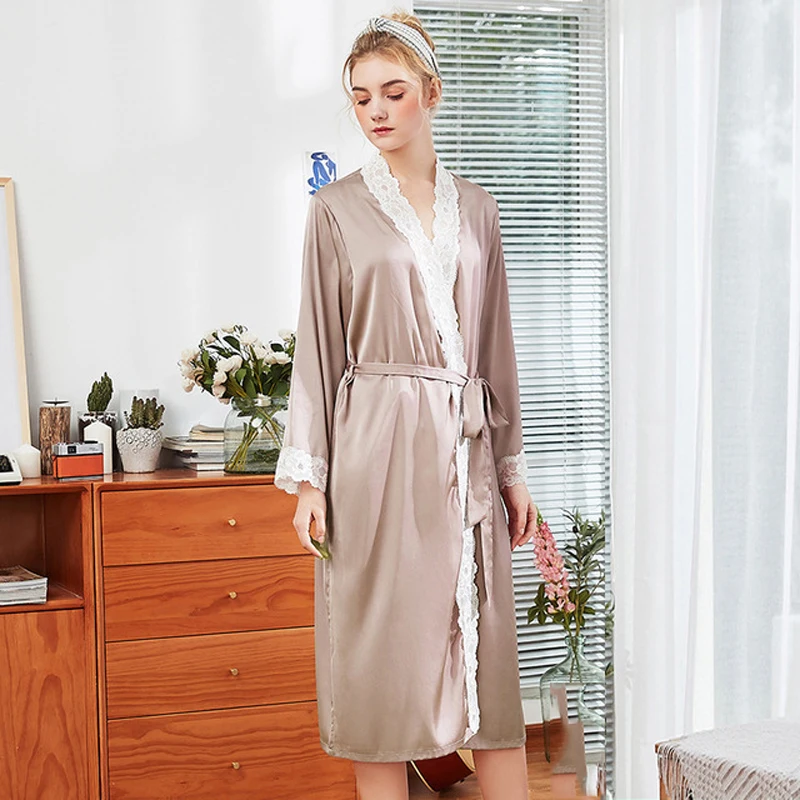 

Roseheart Pink Red Women Fashion Sexy Robes Sleepwear Nightwear Faux Silk Lace Woven Plus Size Long Bathrobe Pajama