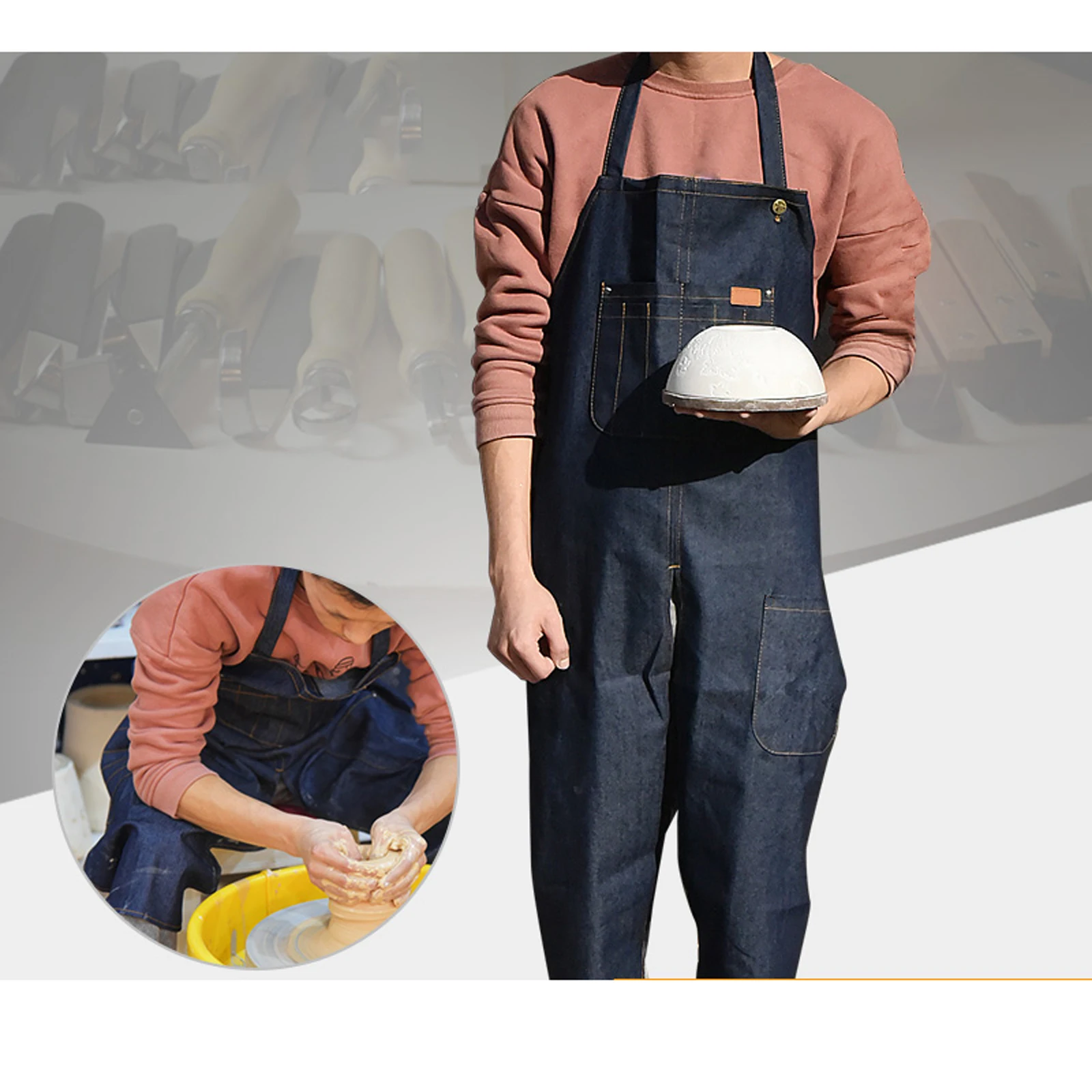 Adjustable Split Leg Pottery Apron with Pocket DIY Ceramic Sculpture Mud-retaining Overalls Woodworking Anti-oil Anti-fouling