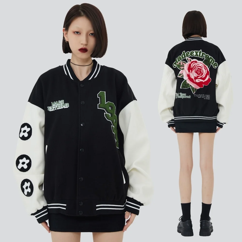 

2023 New Arrival Brand Clothing Baseball Loose Casual Cotton fuzzy Flowers Rib Sleeve Embroidery Bomber Jacket Men