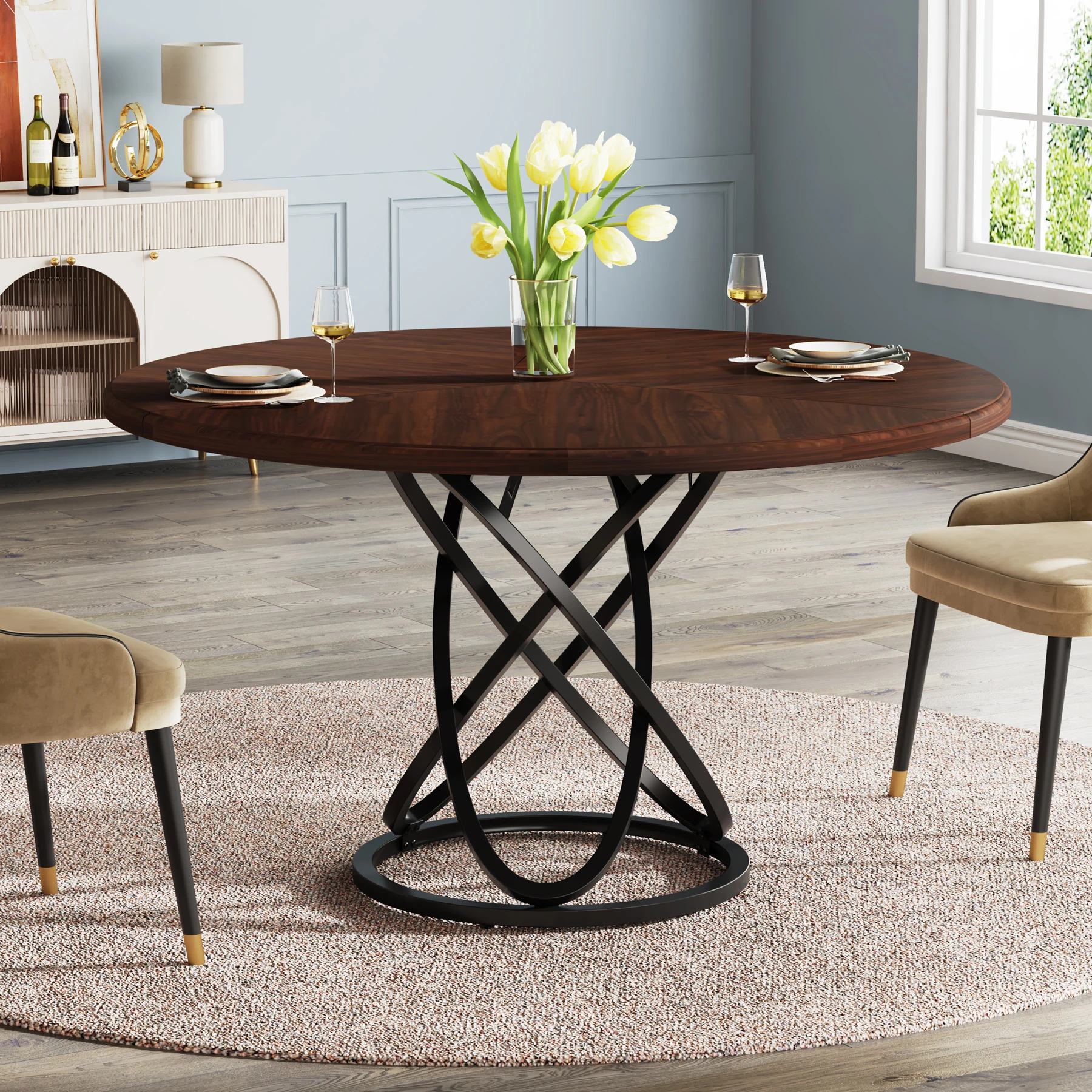 Tribesigns Round Dining Table for 4, 47 Inch Dinner Table Circle Kitchen with Metal Base, Wood Dining Room