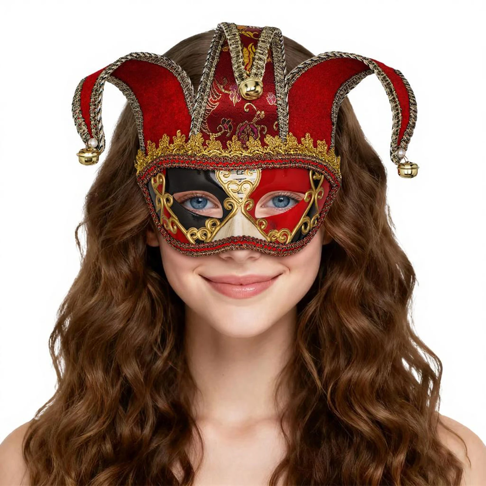 1-teilige halbgesichtsförmige venezianische Partymaske, mit Glockendekoration oben, Partykostüm, Kostümzubehör, Rollenspiel, geeignet für Karneval, Neujahrsgeschenk – Detail 1
