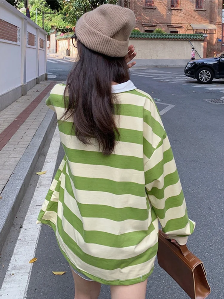 Harajuku Striped Polo Shirt Women Spring Autumn Korean