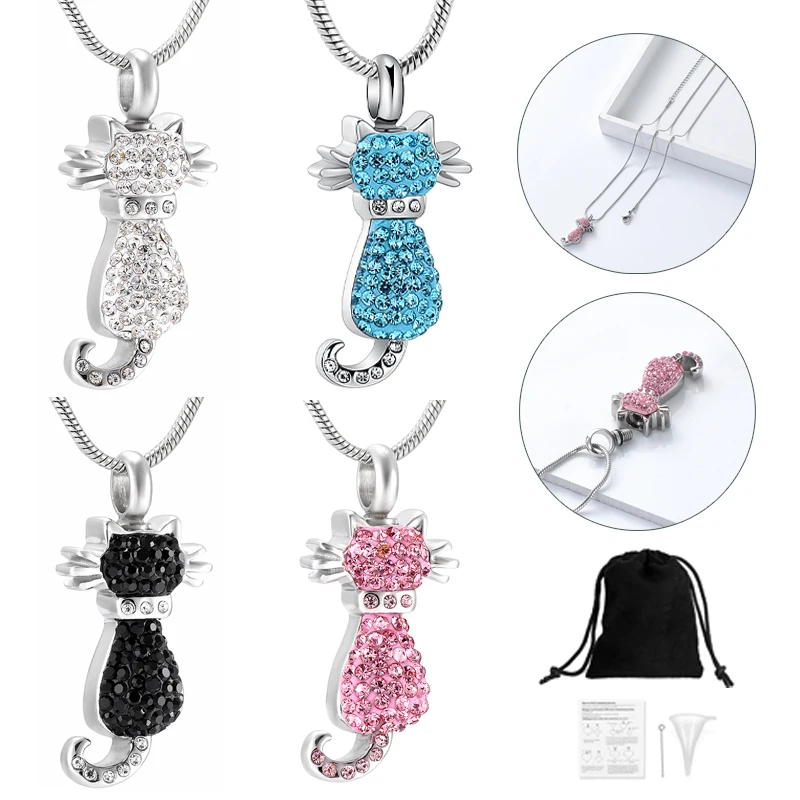 

Little Cat Cremation Ashes Jewelry Charm Crystal Memorial Urn Necklace For Human/Pet Ashes Woman Present Keepsake Stainless