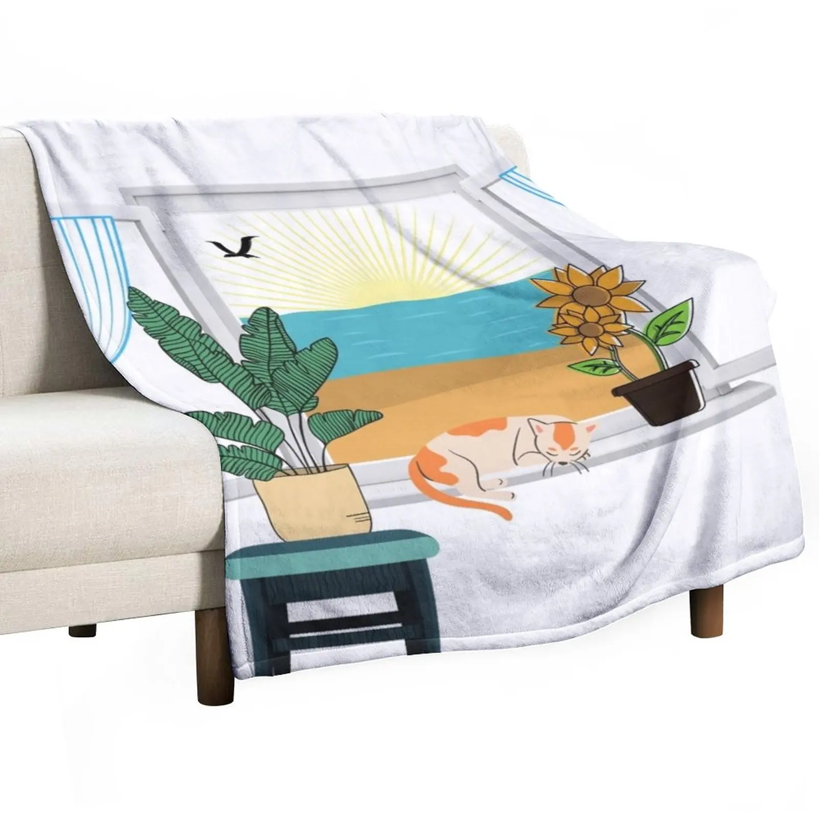 

Seaside View Through an Open Window Throw Blanket Luxury Designer Blanket Single Blanket