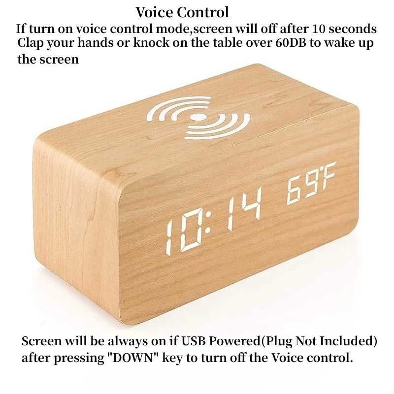 Wooden Alarm Clock Voice Control Wireless Charging Temperature Date Night Mode Table 3 Alarm 12/24H LED