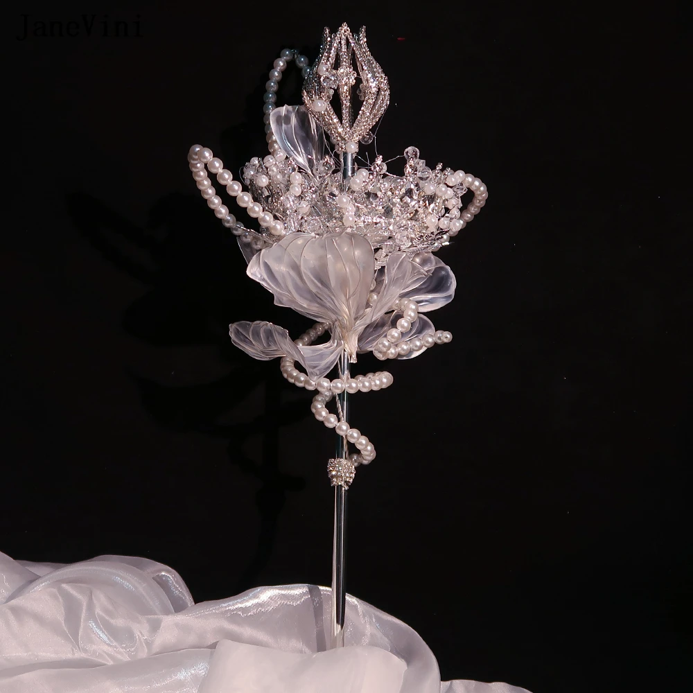 JaneVini High-end Silver Bridal Bouquets Pearls Handmade 3D Flowers Bouquet Scepter Bride Wedding Party Costume Handheld Props