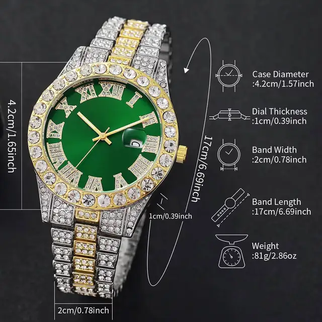 Montre à quartz entièrement en diamant pour homme, bracelet en acier inoxydable, montres-bracelets pour homme, date et calendrier, mode 6