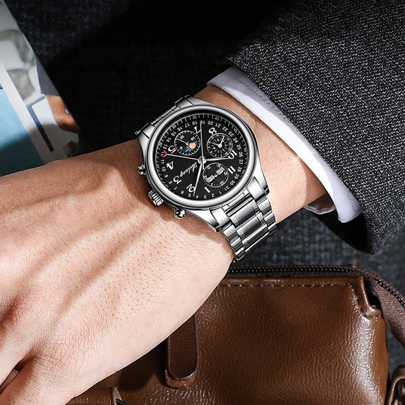 AILANG New Business Mens Mechanical Watches Top Brand Luxury Leather Waterproof Week Calendar Moon Phase Automatic Watch for Men