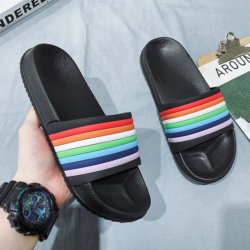 Mens Leather Rainbow Summer Slippers Indoor High Soft Bottom Sandals Trendy Fashion for Men Beach Shoes Large Size 40~45 Slides wotte sandals men leather 2020 sandale homme slippers split leather beach shoes hombre sandalia black extra plus size 38 44