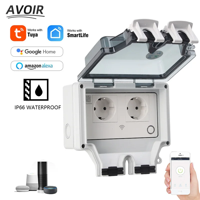Avoir Tuya Ip66 à Prova Dstandard Água Tomada Elétrica Padrão da ue Dupla Usb Carregamento wi fi Vida Inteligente ao ar Livre Tomada de Energia com Temporizador Tomada Inteligente Tomada Inteligente Wifi