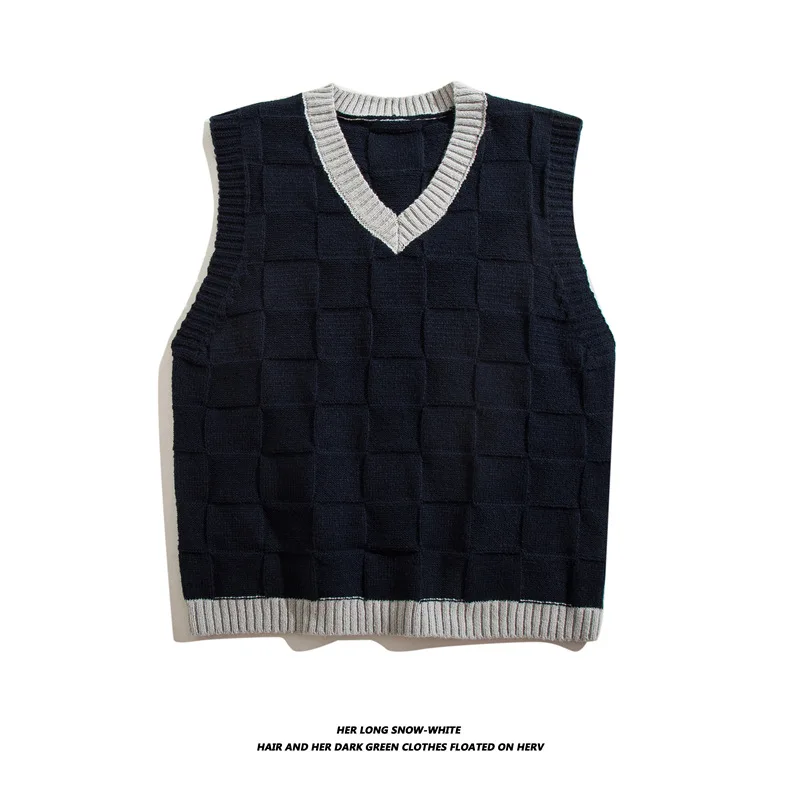 Japanese Loose Couple Argyle Sweater Vest Men's Y2K New Autumn Fashion Harajuku Plaid Man Pullover Knitted Vest Chaleco Hombre